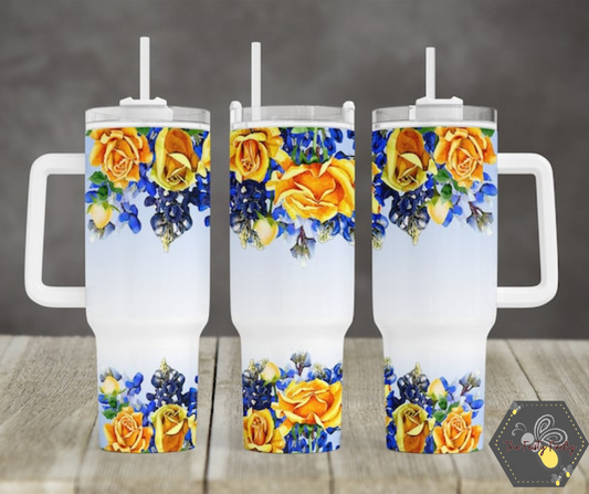 Blue and Yellow Flowers - 40oz Tumbler w/Handle