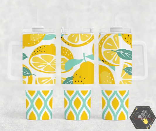 Lemons and Aqua- 40oz Tumbler w/Handle