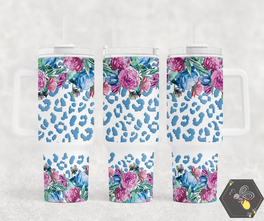 Peach Roses and Leopard Print- 40oz Tumbler w/Handle