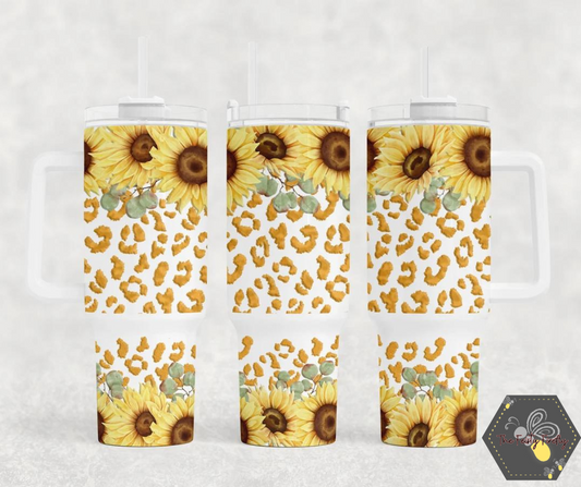 Sunflowers and Leopard Print- 40oz Tumbler w/Handle