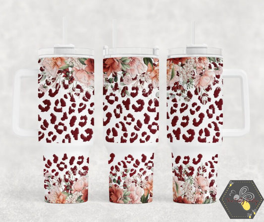 Maroon Floral and Leopard Print- 40oz Tumbler w/Handle