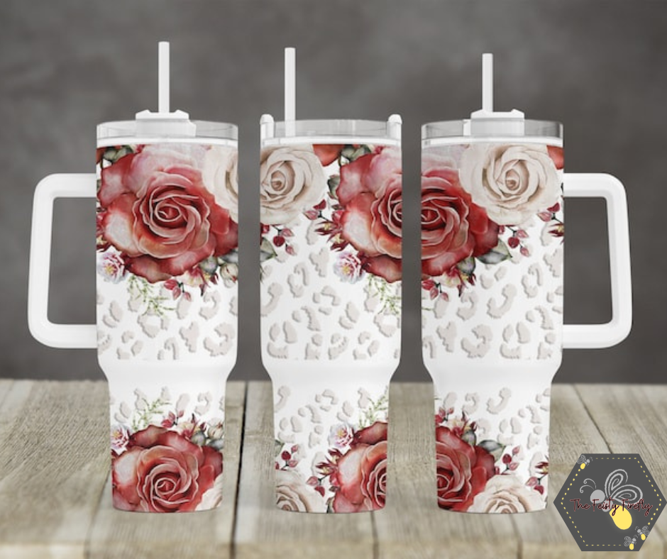 Roses and Leopard Print- 40oz Tumbler w/Handle