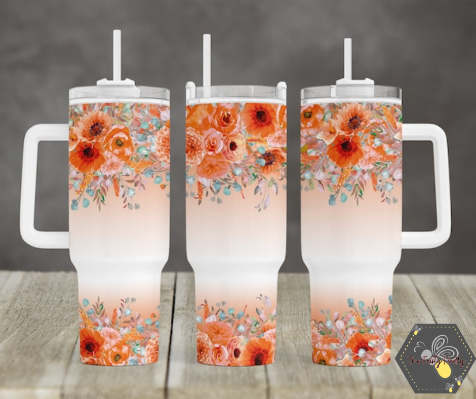 Orange Flowers- 40oz Tumbler w/Handle