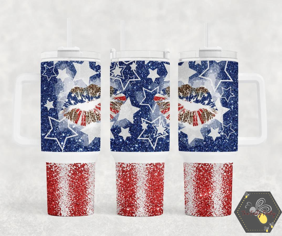 Stars, Stripes, and Leopard Print Lips- 40oz Tumbler w/Handle