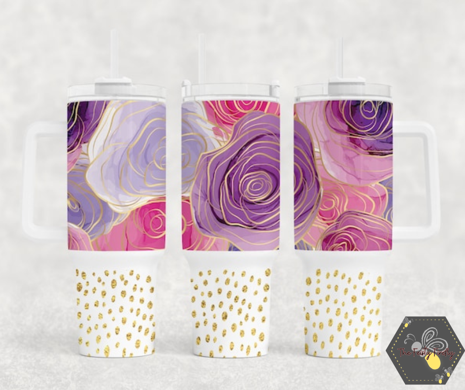 Purple Roses and Gold Glitter - 40oz Tumbler w/Handle