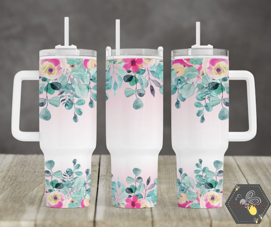 Watercolor Flowers- 40oz Tumbler w/Handle