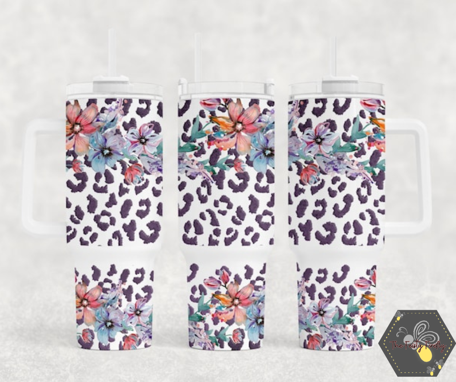 Watercolor Flowers and Leopard Print- 40oz Tumbler w/Handle