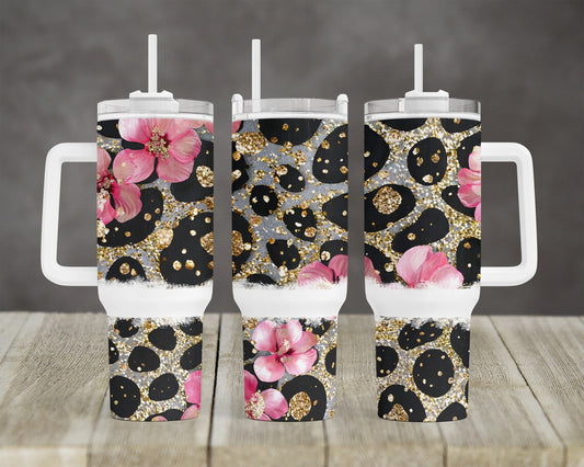 Glitter, Pink Flowers and Leopard Print - 40oz Tumbler w/Handle