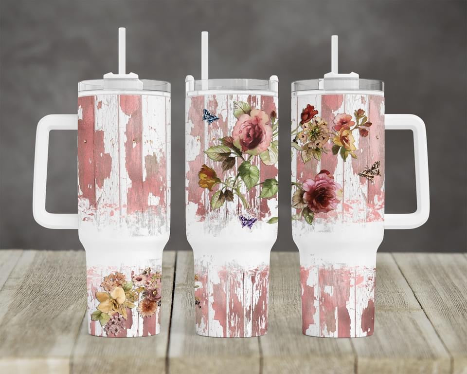 Distressed Wood & Flowers Collection - 40oz Tumbler w/Handle (6 colors)