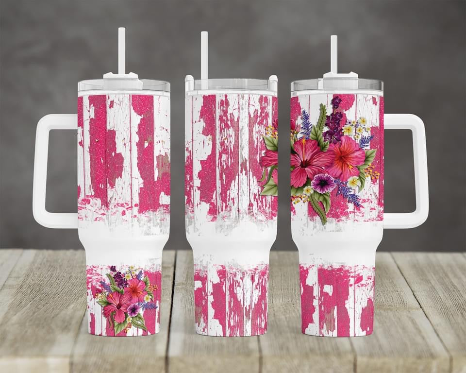 Distressed Wood & Flowers Collection - 40oz Tumbler w/Handle (6 colors)