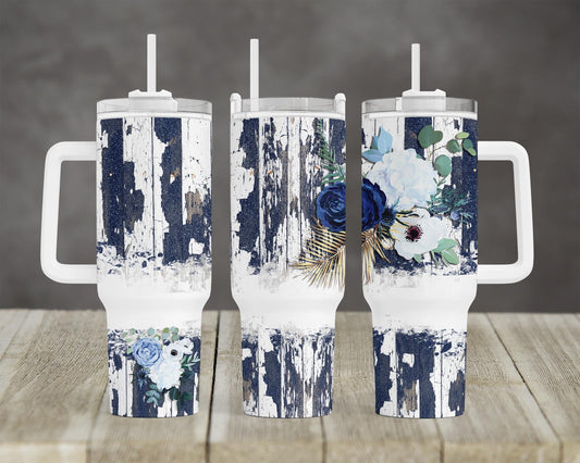 Distressed Wood & Flowers Collection - 40oz Tumbler w/Handle (6 colors)