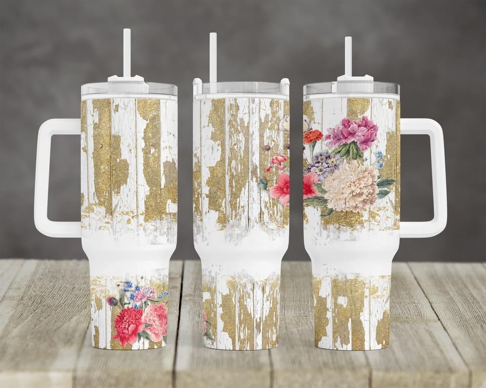 Distressed Wood & Flowers Collection - 40oz Tumbler w/Handle (6 colors)