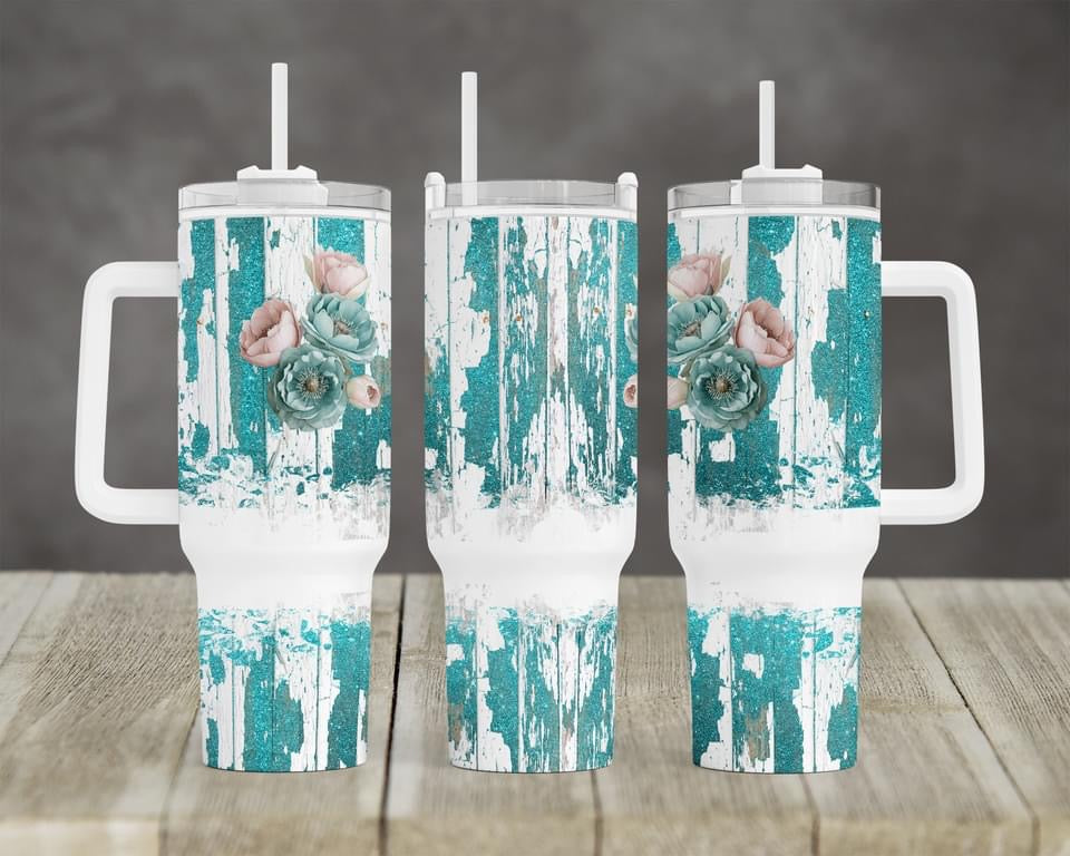 Distressed Wood & Flowers Collection - 40oz Tumbler w/Handle (6 colors)