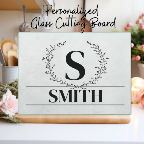 Personalized Family Name Glass Cutting Board (8in by 11in)