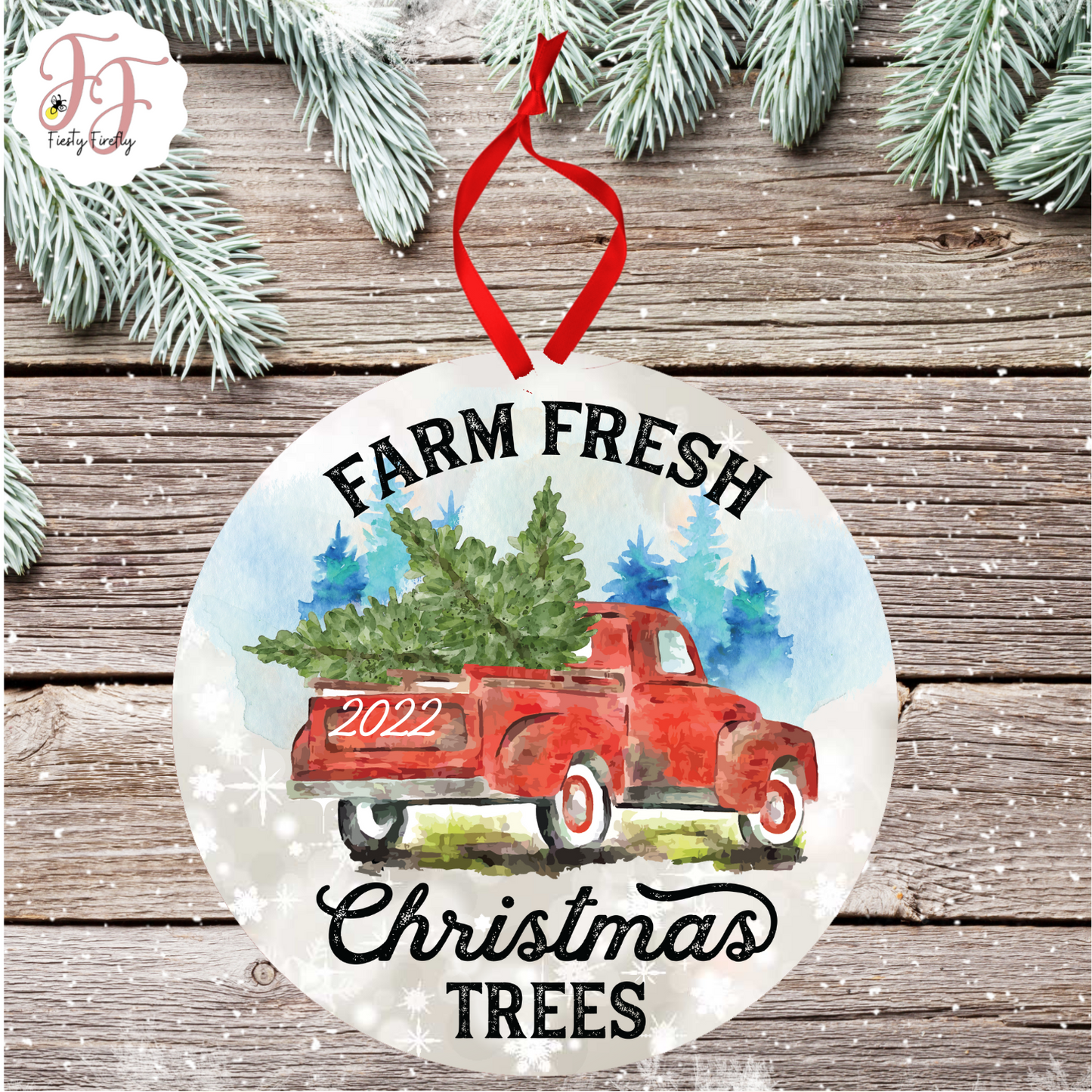 "Merry Christmas" Trucks- Photo Ornament- Circle