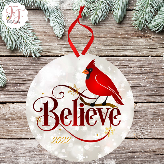 Cardinal "Believe" - Photo Ornament- Circle