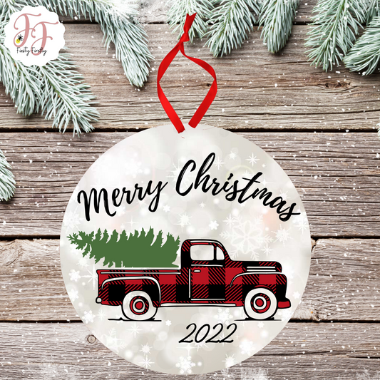 Merry Christmas Truck- Photo Ornament- Circle