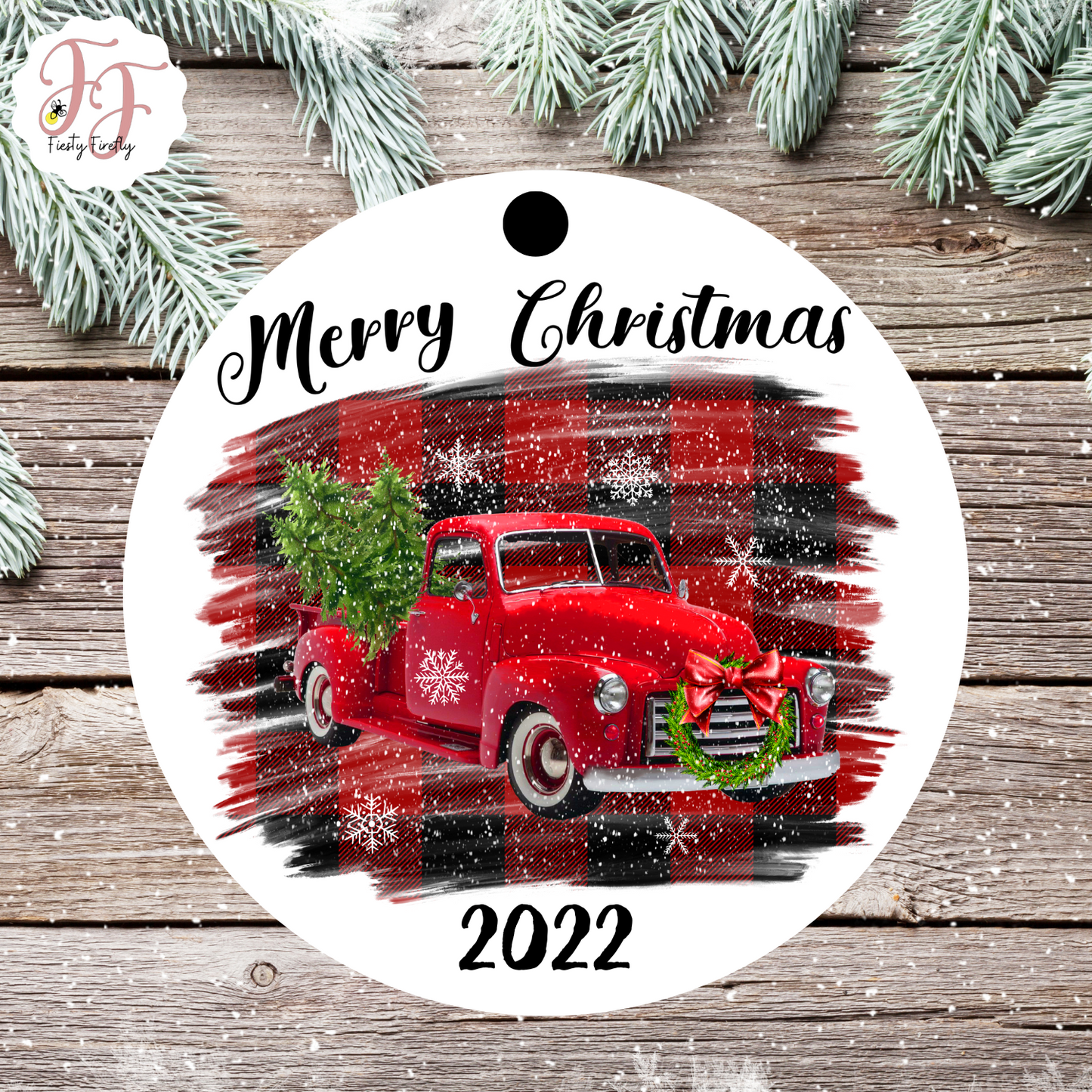 "Merry Christmas" Trucks- Photo Ornament- Circle